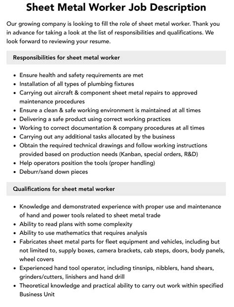 sheet metal contractor job description